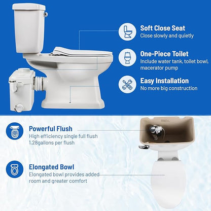 750watt Macerating Toilet with Pump, Two-Piece Upflush Toilet For Basement, Powerful & Quiet Macerating System With 3 Water Inlet & Ac Vent, 36ft Vertically, Elongated Bowl