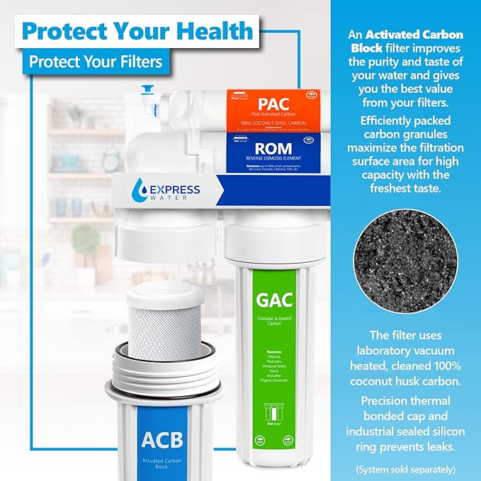 Express Water – 25 Pack Activated Carbon Block ACB Water Filter Replacement – 5 Micron, 10 inch Filter – Under Sink and Reverse Osmosis System