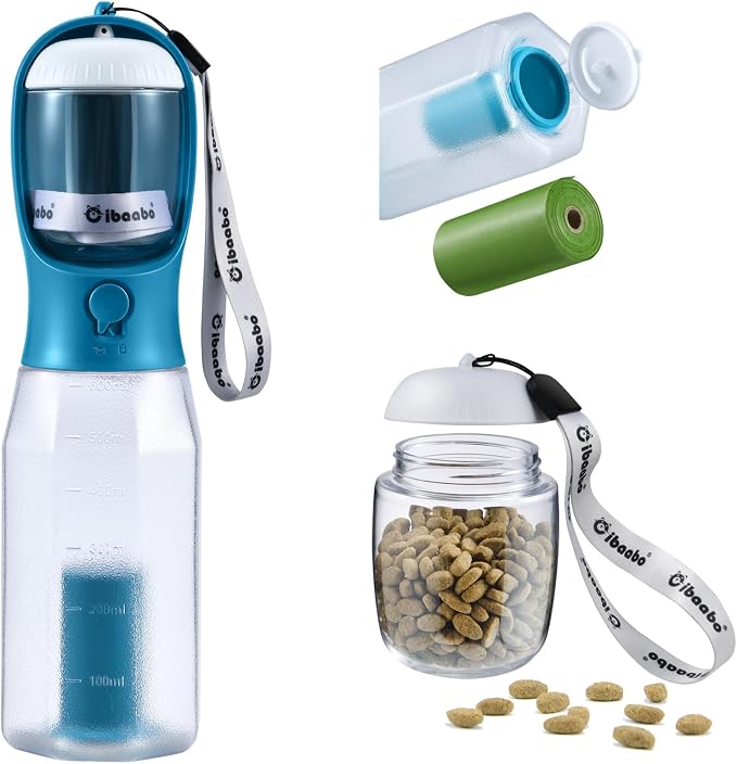 Cibaabo Dog Water Bottle with Food Container & Poop Bag Holder & Filter | Travel Water Bowl, Portable Pet Dispenser, Dog Gifts, Puppy Essentials for Walking Hiking