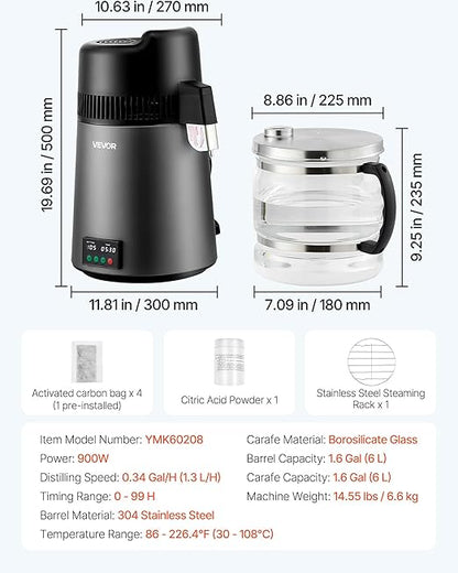 VEVOR Water Distiller, 6L/1.6 Gallon Larger Pure Water Purifier Filter for Home Table Countertop, 900W Glass Pot Distilled Maker, Stainless Steel Interior Drinking Machine to Make Clean Water