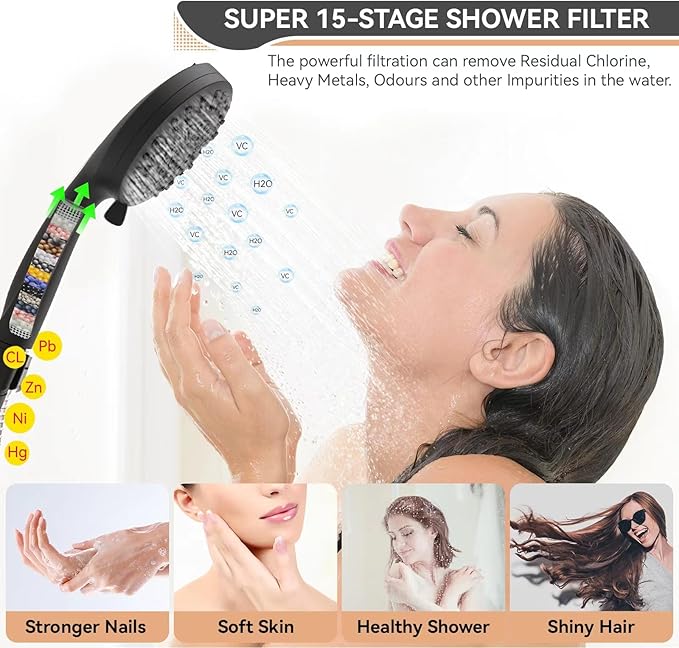 Shower Head, 15 Stage Filtered Shower Head for Hard Water, 10 Modes High Pressure Handheld Shower Head with 60" Hose and Bracket, Remove Chlorine and Harmful Substance