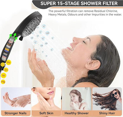 Shower Head, 15 Stage Filtered Shower Head for Hard Water, 10 Modes High Pressure Handheld Shower Head with 60" Hose and Bracket, Remove Chlorine and Harmful Substance