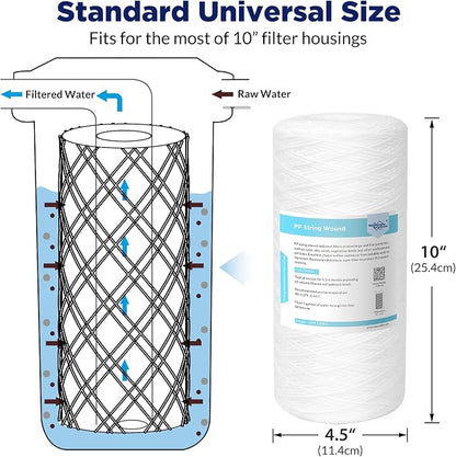 Membrane Solutions 5 Micron 10"x4.5" String Wound Whole House Water Filter Replacement Cartridge Universal Sediment Filters for Well Water - 3 Pack