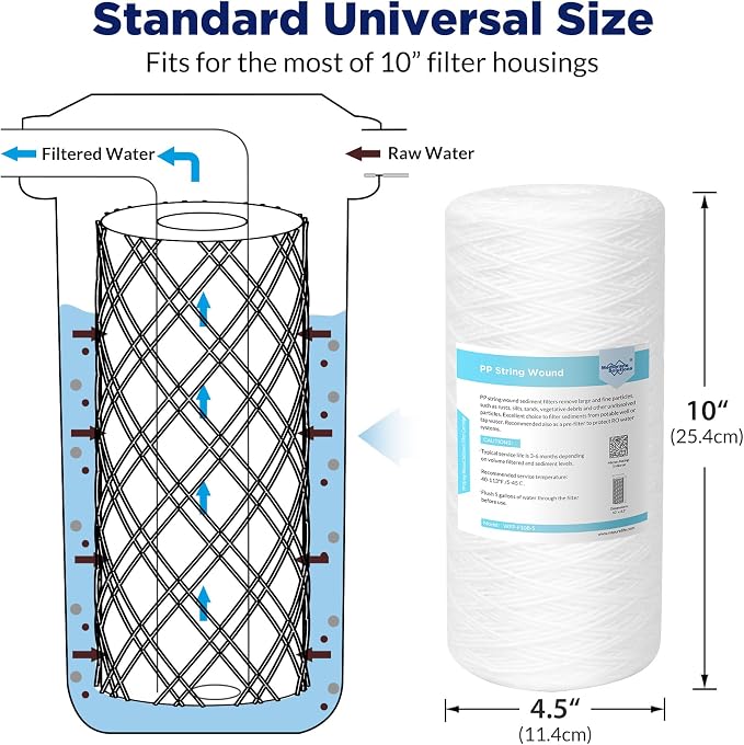Membrane Solutions 1 Micron 10"x4.5" String Wound Whole House Water Filter Replacement Cartridge Universal Sediment Filters for Well Water - 4 Pack