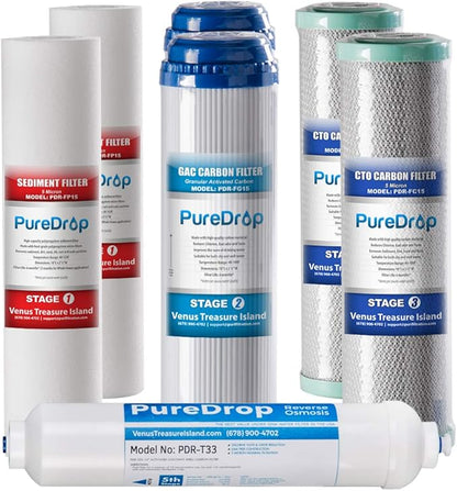 PureDrop PDR-F7RO Replacement Water Filter Pack for 50 GPD Reverse Osmosis System, Without RO Membrane, 7 Piece