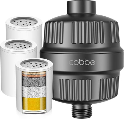 Cobbe High Output Shower Filter for Hard Water - 2 Replaceable Cartridges - Removing Chlorine and Harmful Substance, and Dramatically Improves The Condition of Your Skin, Hair and Nails - Matte Black
