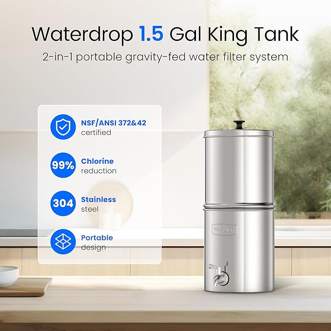 Waterdrop TK15-A Water Filtration System, NSF/ANSI 42&372 Certified Black Carbon Filters, Reduce Lead and Up to 98% Chlorine, Gravity Water System for Home, Travel, Camping, Emergencies, 1.5G
