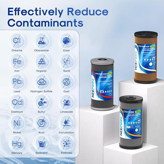 ICEPURE 4.5"x 10" Whole House Water Filter Set, 3-Stage Water Filtration System Combo Kit with Activated Carbon Block, KDF Cartridge and Upgraded Activated Carbon Heavy Metal Remove Filter, Pack of 1