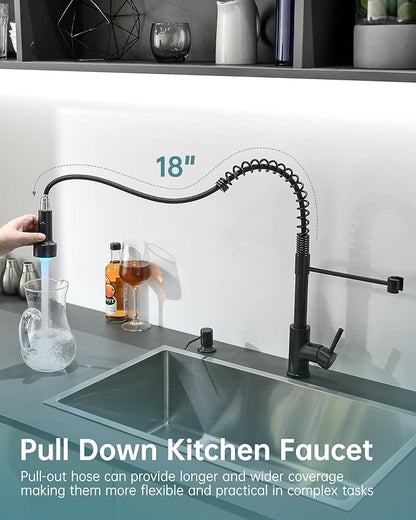 GIMILI Matte Black LED Kitchen Faucet with Soap Dispenser, Modern Single Handle Spring Kitchen Sink Faucets with Pull Down Sprayer