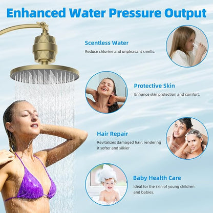 Hibbent Shower Filter for Hard Water, High Output Shower Head Filter to Remove Chlorine and Fluoride, 20 Stage Showerhead Filter, Shower Water Filter with 2 Replaceable Filter Cartridges, Brass Gold