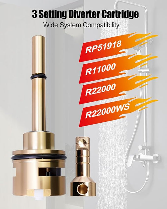 RP51918 Diverter Cartridge Fit for R11000 R22000 R22000WS | 3 Setting Design, Brass Construction, 2 Individual Positions, 1 Shared Position, Three Way Valve Replacement