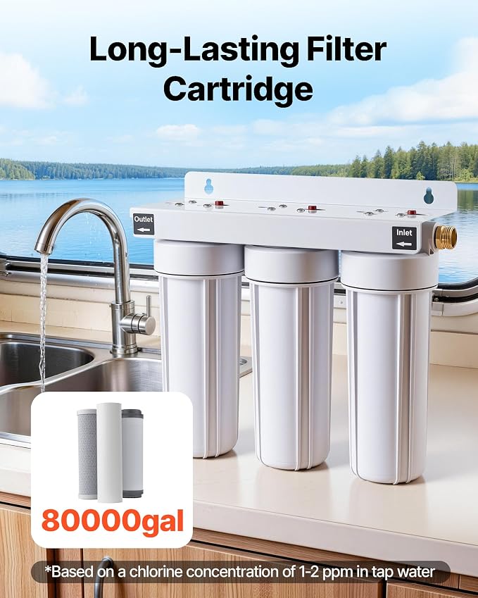 VEVOR RV Water Filter System, 5-Micron 3 Stage Premium RV Water Filtration System Replacement with Three Cartridges for RVs & Campers, Reduces Sediment, Chlorine, Certain Heavy Metals, Odors and More