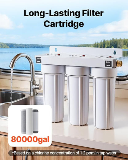 VEVOR RV Water Filter System, 5-Micron 3 Stage Premium RV Water Filtration System Replacement with Three Cartridges for RVs & Campers, Reduces Sediment, Chlorine, Certain Heavy Metals, Odors and More