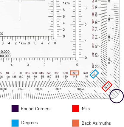 CYA MP-5 Square Military Map Protractor - Multi Scale UTM Coordinate Tool | Multi-scale MP-5 square map protractor for 1:24k to 1:500k charts. Features degrees, mils & USGS 7.5 min map rulers.