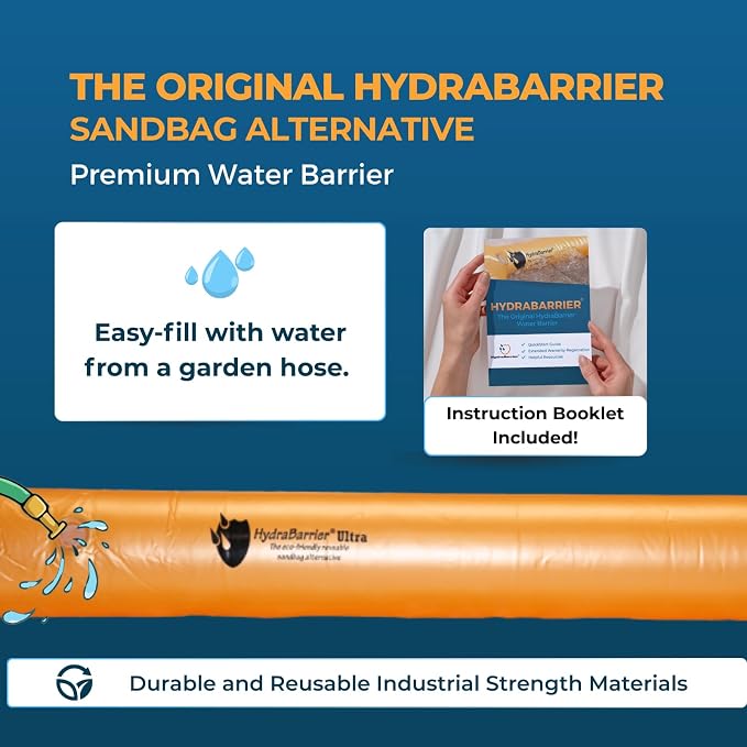 The Original HydraBarrier Ultra Flood Barrier – 12 ft Long x 6 in High – Light, Reusable Sandbag Alternative – Flood Control & Diversion Tube for Home, Garage, Door & Property Protection