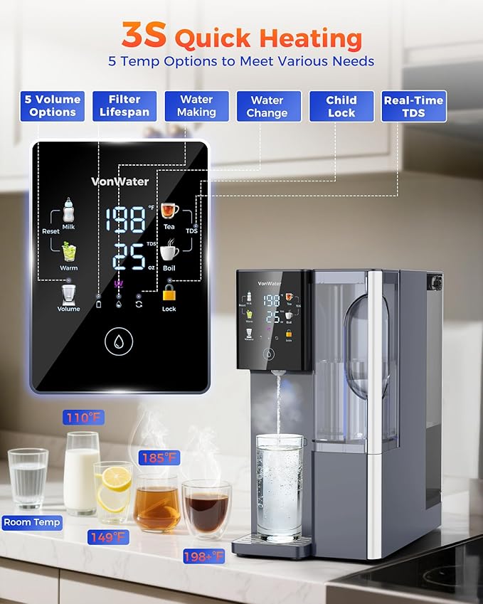 CT910H Reverse Osmosis Water Filter Countertop, 3S Instant Hot RO Water Filtration System, 7-Stage Water Purifier with Portable Pitcher, NSF/ANSI 372,42,58, Reduce TDS PFAS, No Installation