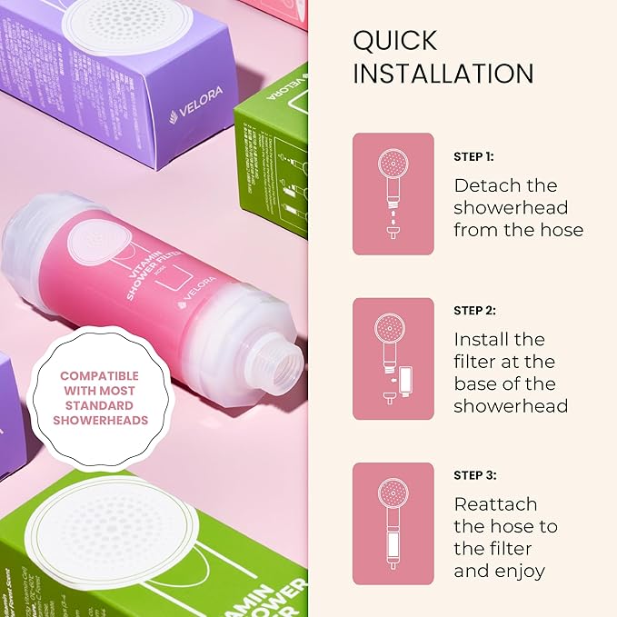 VELORA Vitamin C Shower Filter - Rose-Scented Aromatherapy Shower Water Filter and Softener - Universal Showerhead Bathroom Attachment - Replenish Dry Skin, Soften and Nourish Hair