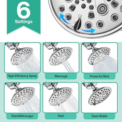 Cobbe 6-Setting High Pressure Filtered Shower Head Combo, Detachable Rain Shower Head with 20 Stage Shower Head Filter for Hard Water - Remove Chlorine and Harmful Substances, Chrome