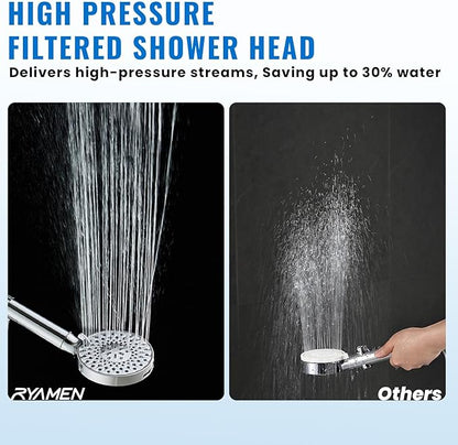 Ryamen Filtered Shower Head with Handheld, High Pressure 9-Spray Modes Detachable Shower Head with Filter for Hard Water-Remove Chlorine & Impurities, Improve Skin & Hair Health, 2 Filters, Chrome