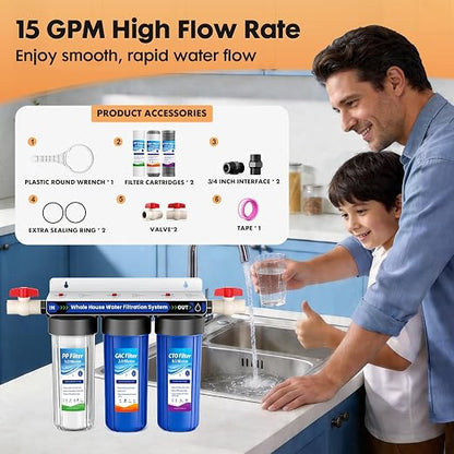 Whole House Water Filter System for Well Water,3-Stage Whole Home Water Filtration System,Reduces Taste & Sediment,Chlorine,for Cleaner Water, Includes 3 Sets Filters (2 Years Supply), 2 Valves, 3/4”