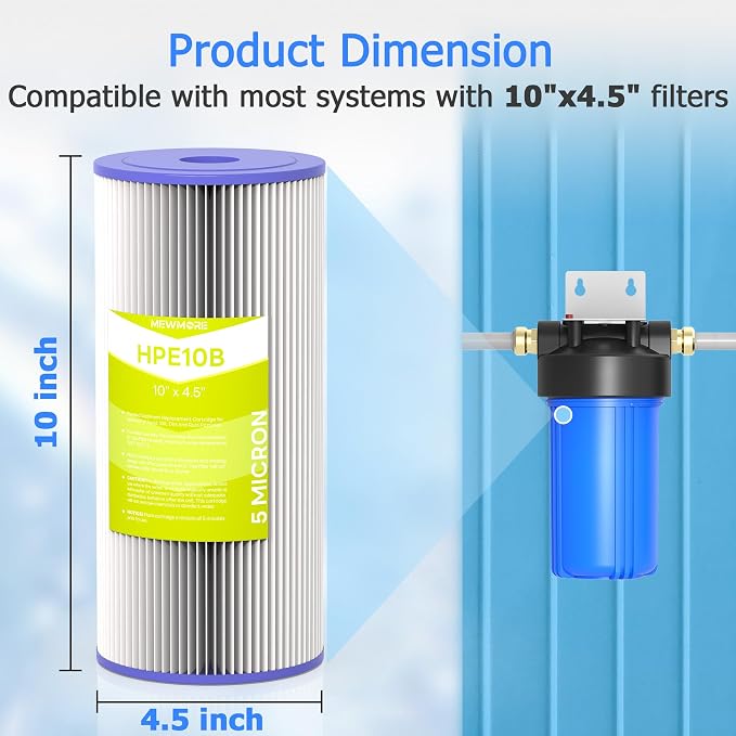 5 Micron Whole House Water Filter Cartridge, 10" x 4.5", 4-Pack | Pleated Sediment Filters for Well Water, Replacement for FXHSC, GXWH40L, GXWH35F, W50PEHD, W10-PR, R50-BBSA