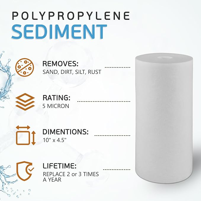 Ronaqua 10" x 4.5" Big Sediment Replacement Water Filter Cartridge, 5 Micron, NSF Certified, for Whole House, Compatible with RFC-BBSA, W15-PR, WFHD13001B, GXWH35F, HF45-10BLBK10PR and AP817, 2 Pack