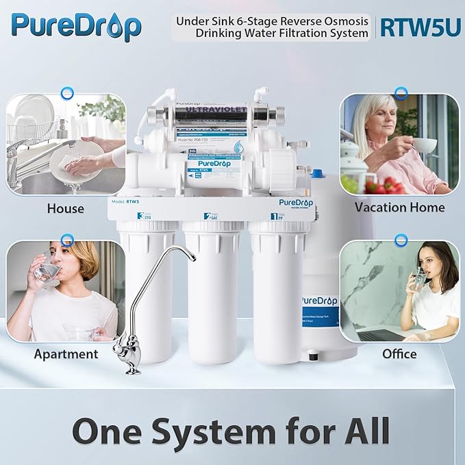 PureDrop RTW5U Reverse Osmosis Water Filter System with UV Filter, Ultraviolet TDS Reduction RO Water Filtration System, 6-Stage Under Sink Water Filter with Faucet Plus Extra 3 Filters, 50 GPD, White
