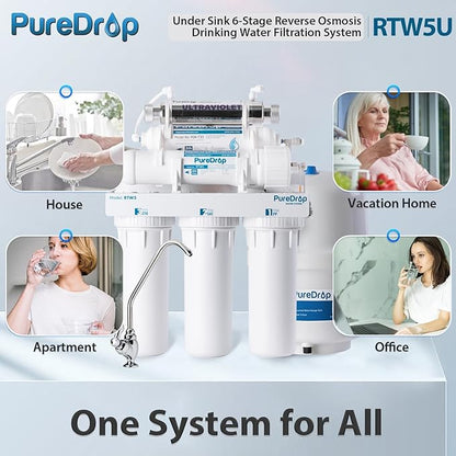 PureDrop RTW5U Reverse Osmosis Water Filter System with UV Filter, Ultraviolet TDS Reduction RO Water Filtration System, 6-Stage Under Sink Water Filter with Faucet Plus Extra 3 Filters, 50 GPD, White