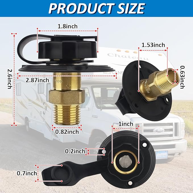 RV Water Inlet Connection City Water Fill Inlet Flange Brass,RV City Water Fill Inlet Plastic Flange with Check Valve Camper Black