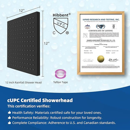 Hibbent cUCPC Certified Metal Rain Shower Head, 12'' High Pressure Shower Heads, Square Large Bathroom Rainfall Shower Head with Adjustable Brass Ball Joint, Waterfall Full Body Coverage, Matte Black