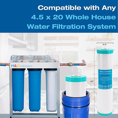 H&G Lifestyles Water Softener Cartridge,Replacement for 20x 4.5 Whole House Water Filter,Cation Ion Exchange Resin,Remove Calcium Magnesium,Compatible with 20 Inches Filter Housing