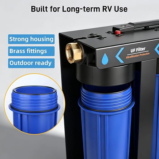3-Stage RV Water Filter System, 0.01 Micron UF Filter, 1" Brass Inlet/Outlet, 90° Elbow Adapter, Reduces Sediment, Heavy Metals, Chlorine and More, Cleaner Water for RVs, Campers and Trailers