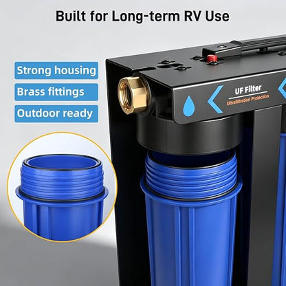 3-Stage RV Water Filter System, 0.01 Micron UF Filter, 1" Brass Inlet/Outlet, 90° Elbow Adapter, Reduces Sediment, Heavy Metals, Chlorine and More, Cleaner Water for RVs, Campers and Trailers
