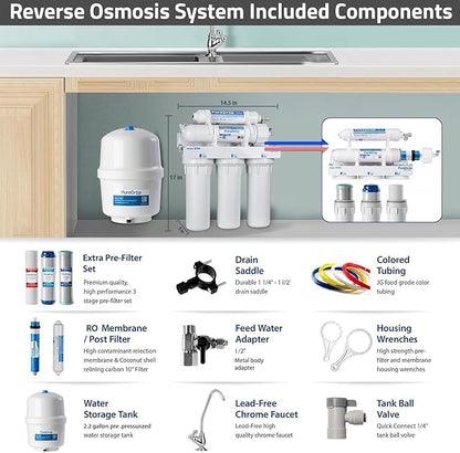 PureDrop RTW5 SGS-Tested 5 Stage Reverse Osmosis Water Filter System with Innovative Top-Mounted Faucet Design, TDS Reduction 50 GPD Under Sink RO Water Filtration Plus Extra 3 Filters