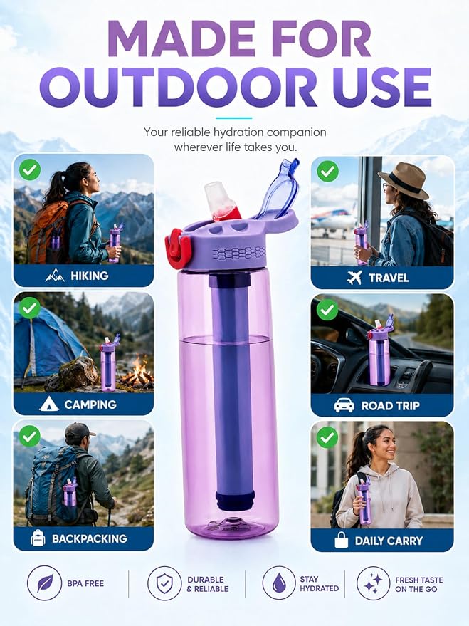 22oz Water Filter Bottle, Portable Outdoor Filtered Water Bottle with Multi-Layer Filtration, Improves Taste & Reduces Odor, BPA-Free Reusable Bottle for Hiking, Camping & Travel (Purple)