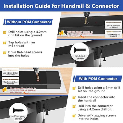 4Pack 8FT T304 Stainless Steel Handrails Black with Extension Connectors End Cap Kits for Cable Railing System Posts Kit, Cuttable Rectangular Handrails Flat Top Rail - 2.36" W x 1.18" H