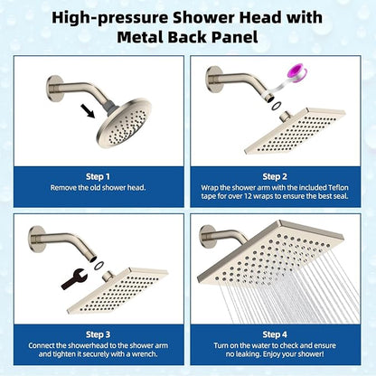 Hibbent cUPC Certified Metal Shower Head, 6'' High Pressure Rainfall Shower Head, Square Bathroom Waterfall Shower Heads, High Flow Fixed Showerheads with Adjustable Brass Ball Joint, Brushed Nickel