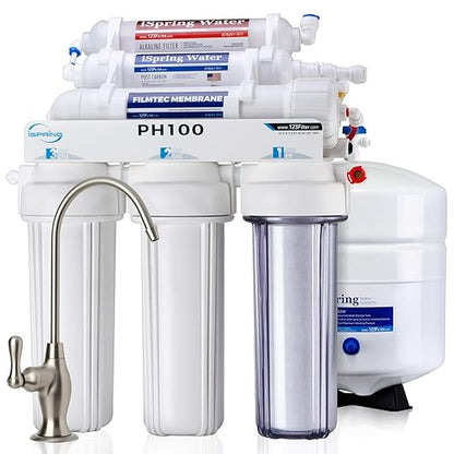 iSpring PH100 Alkaline Reverse Osmosis Water Filter System, pH+ Remineralization 6-Stage Under Sink RO Drinking Water Filtration System 100 GPD Fast Flow 1:1 Pure to Waste Ratio, US Made Filters