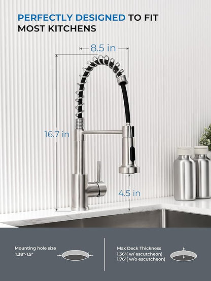 WEWE Kitchen Sink Faucet, Kitchen Faucets with Pull Down Sprayer Stainless Steel Single Handle Single Hole Brushed Nickel Commercial Industrial Spring Pull Out Laundry Farmhouse Kitchen Faucet
