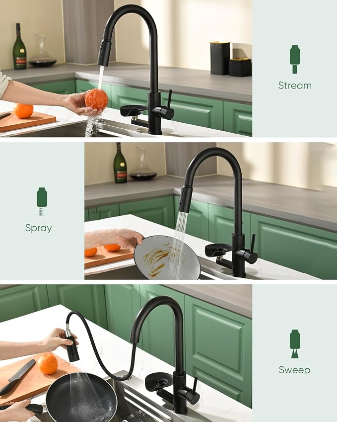 Kitchen Faucet with Cup Washer Pull Down Sprayer Stainless Steel Kitchen Sink Faucet with Deck Plate Glass Rinser Single Hole Black