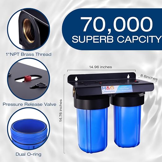 H&G Lifestyles Whole House Water Filter Iron for Well Water, 70,000 Gallons | Reduce Iron Fluoride Manganese,with GAC KDF Filters,Reduce Chlorine Odor Heavy Metal Lead,2 Stages Water Filtration System