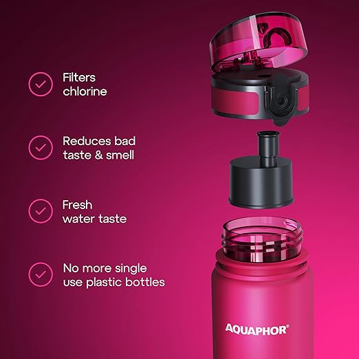 AQUAPHOR City Water Filter Bottle 500 ml | Portable Filtered Water Bottle with Integrated Water Purifier | BPA-Free | Reusable Bottle with Water Filter for Camping, Travel & Outdoor Use | Pink