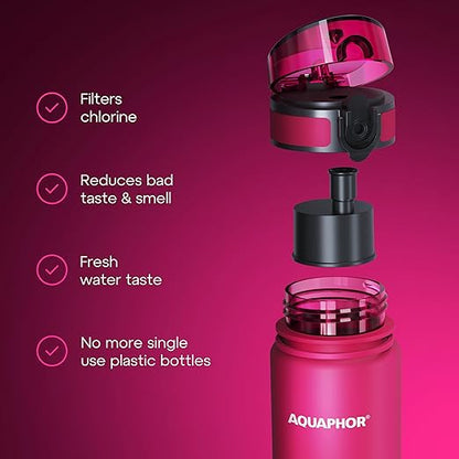 AQUAPHOR City Water Filter Bottle 500 ml | Portable Filtered Water Bottle with Integrated Water Purifier | BPA-Free | Reusable Bottle with Water Filter for Camping, Travel & Outdoor Use | Pink