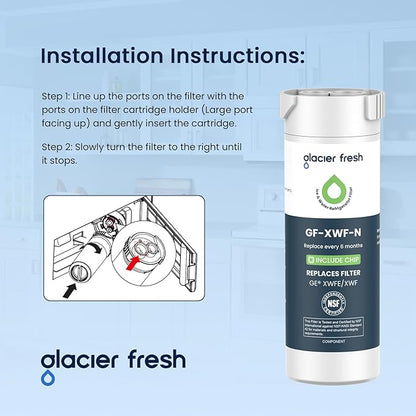 GLACIER FRESH Water Filter Compatible with XWFE (Built-in CHIP), Replacement for GE XWFE, XWF Refrigerator Water Filter NSF/ANSI 42 Certification Pack of 3