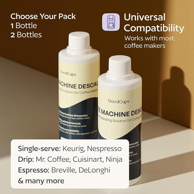 GoodCups Coffee Machine Descaler Solution, 8.45 fl oz (250 mL), Universal Descaling Liquid for Keurig, Nespresso, Breville, Ninja, Espresso & Drip Coffee Makers, 2 Cleaning Cycles