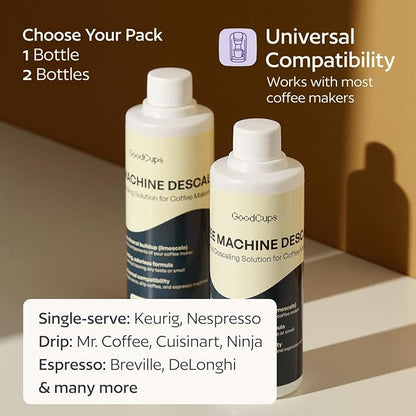 GoodCups Coffee Machine Descaler Solution, 2 Pack (16.9 fl oz Total), Universal Descaling Liquid for Keurig, Nespresso, Breville, Ninja, Espresso & Drip Coffee Makers, 4 Cleaning Cycles
