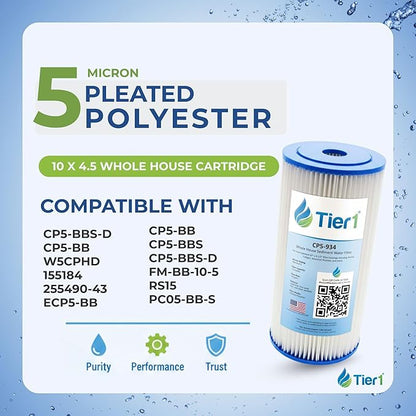 Tier1 5 Micron 10 x 4.5 Water Filter | Pleated Polyester Whole House Sediment Filter Cartridge | Replacement for Pentek CP5-BB, Culligan CP5-BBS-D, CP5-934, W5CPHD | 4.5 x 10 Water Filter (12-Pack)