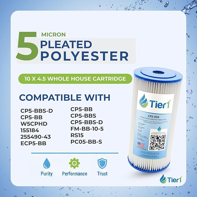 Tier1 5 Micron 10 x 4.5 Water Filter | Pleated Polyester Whole House Sediment Filter Cartridge | Replacement for Pentek CP5-BB, Culligan CP5-BBS-D, CP5-934, W5CPHD | 4.5 x 10 Water Filter (2-Pack)