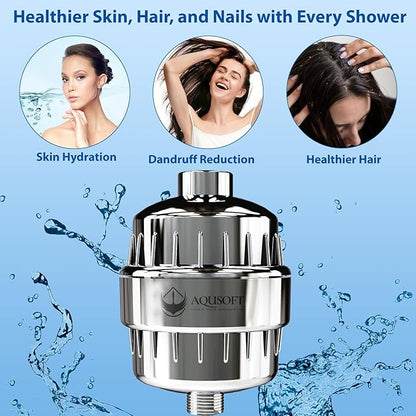 AQUSOFT 25-Stage Advanced Water Filter for Shower Head - Eliminates 99.9% Chlorine, Heavy Metals and Hard Water Impurities | Improves Skin, Reduces Eczema & Dandruff | Universal Fit Shower Head Filter