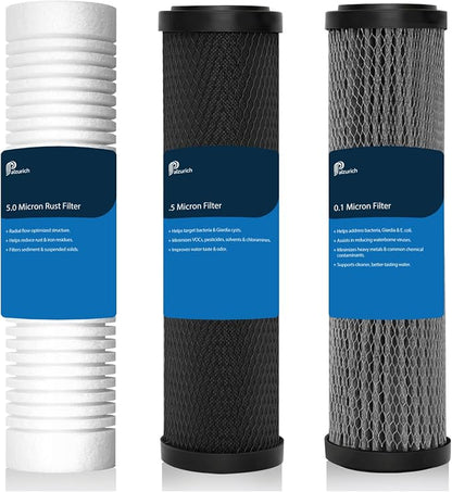 Upgrade RV Replacement Filter Set for ClearSource Ultra 3-Canister System | Standard 2.5" X 10" Size; 3-Stage: 5-Micron Sediment, 0.5-Micron Carbon Block & 0.1-Micron Final Guard; Up To 2,000 Gal